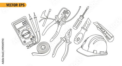 An illustration showcasing various electrical tools and equipment, outlined in black and white.