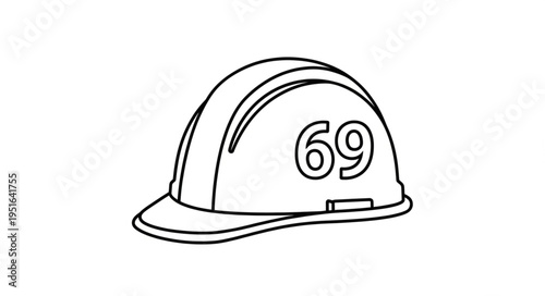 Black and white illustration of a construction worker's hard hat with the number 69.