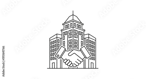 Illustration depicting a handshake in front of a building, symbolizing business and agreement.