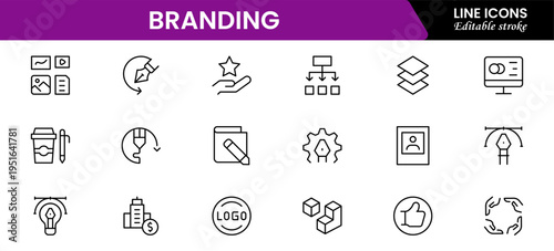 Branding icon set. Containing marketing, product, brand value, design, logo, brand development, social media, advertising and loyal customers icons