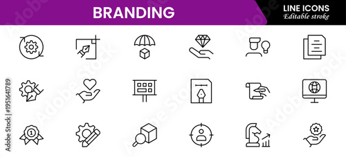 Branding icon set. Containing marketing, product, brand value, design, logo, brand development, social media, advertising and loyal customers icons