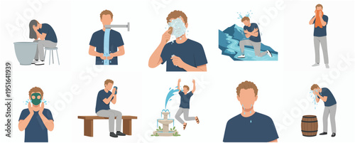 Flat Style Detailed Man Hygiene and Outdoor Refreshment Daily Activities