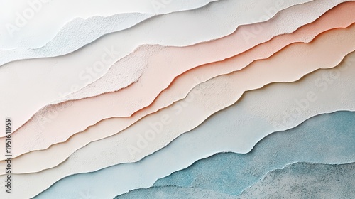 Layered pastel paper art with textured, wavy mountain-like forms creating a calming, abstract landscape
