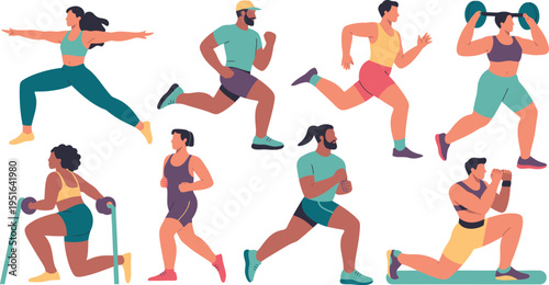 A vector illustration set featuring people engaging in various fitness exercises with dumbbells and hurdles in a gym