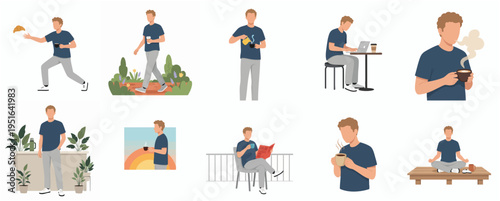 Flat Illustration Set of a Man Relaxing and Enjoying Coffee Moments