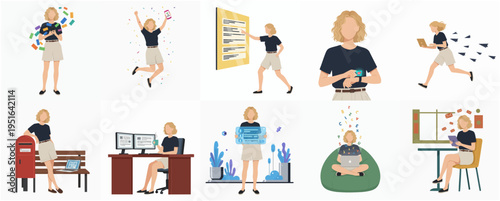 Flat Style Diverse Woman Daily Activities Illustration Set with Different Poses