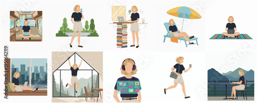 Flat Style Diverse Woman Working Remotely Illustration Collection