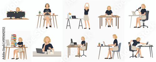 Minimalist Flat Design Diverse Woman Working from Home Illustration Set