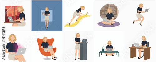 Flat Design Diverse Woman Character with Laptop in Different Workplace Set