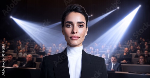 a businesswoman giving a speech at the front of the stage with the audience in the background, back view, photo-realistic, cinematic lighting, dark and dramatic scene