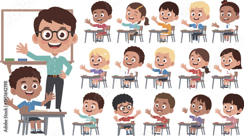 A smiling teacher standing in front of a classroom with students sitting at desks raising their hands.