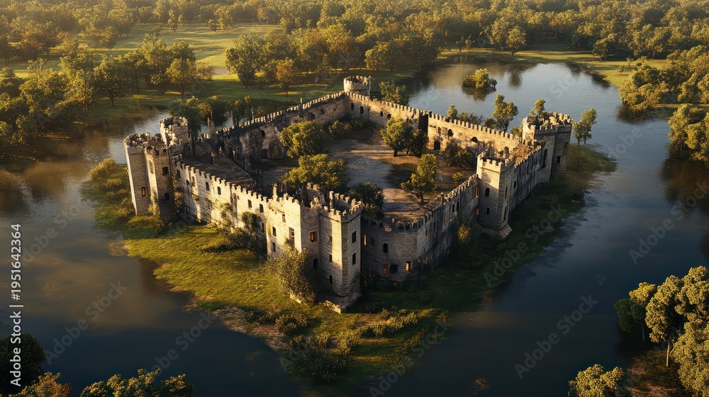 Fototapeta premium Aerial View of an Abandoned Castle Surrounded by Lush Green Forest and Tranquil Water Bodies at Sunrise