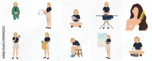 Minimalist Flat Style Woman Doing Daily Activities Set Illustration