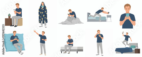 Simple Illustration Set of Young Man in Various Poses Using Smartphone