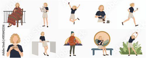 Flat Illustration Set of Woman Doing Different Activities in Daily Life