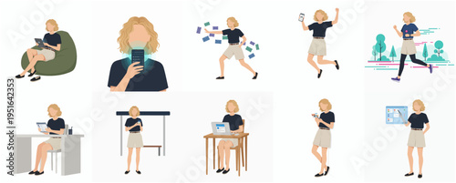 Minimalist Flat Woman Daily Activity Set of Illustrations Collection