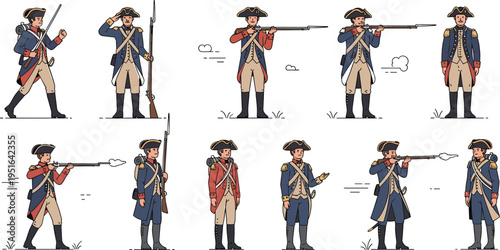 American revolutionary soldiers vector illustration set with colonial army uniforms, muskets and historical characters, USA independence war collection design