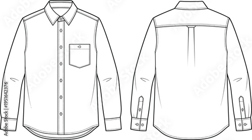 Long sleeve button up shirt technical flat sketch vector illustration design, apparel fashion garment construction art concept, detailed decorative creative collection