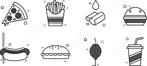 Fast food icons vector illustration with pizza, fries, burger, hot dog and drink, minimal outline restaurant menu symbols collection design