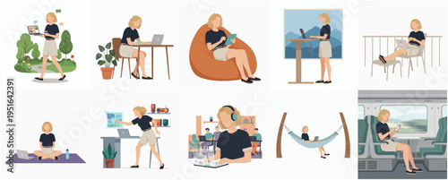 Flat Design Woman Working From Home Activity Illustration Set