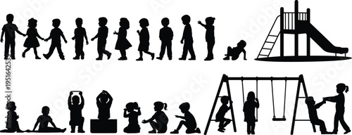Silhouettes of children playing and growing in playground scene, depicting childhood stages, outdoor activities, friendship, learning, and development in a creative black vector illustration set