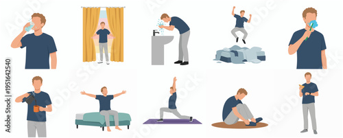 Flat Illustration Man Daily Routine Lifestyle Morning Activities Set Isolated on White