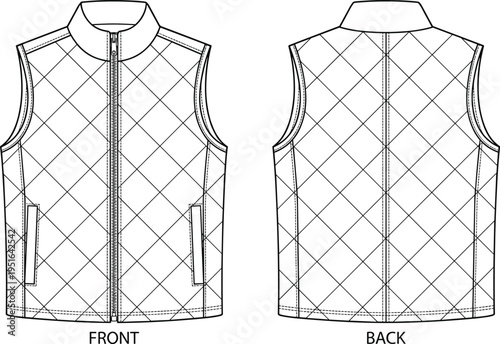 Quilted vest technical flat sketch vector illustration design, apparel fashion garment construction art concept, detailed decorative creative collection