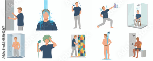 Modern Flat Character Shower Routine and Bathroom Activities Illustration Set