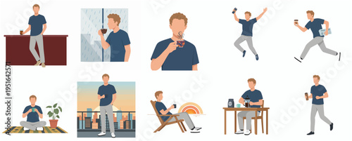 Flat Style Illustration of Man Enjoying Coffee in Various Daily Activities