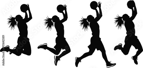 Female basketball player silhouette jumping with ball sport athlete action pose woman basketball vector illustration collection isolated