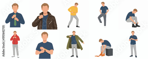Minimalist Faceless Male Character Poses with Different Outfit Style Set Illustration