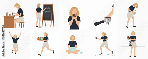 Minimalist Flat Illustration Set of Woman Working in Coffee Shop
