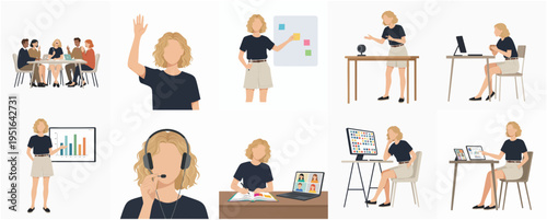 Flat Simple Style Woman Working from Home and Online Business Collection