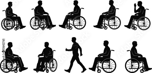 Wheelchair to walking transition silhouette vector illustration design, rehabilitation recovery mobility hope art concept, black and white decorative creative collection