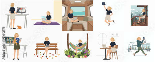 Diverse Flat Illustration Set of Woman Working Remotely in Different Locations