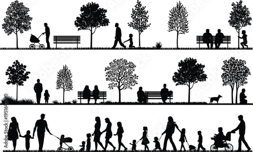 Silhouettes of people enjoying urban park life with families walking, sitting on benches, pushing strollers, and relaxing among trees in a peaceful outdoor landscape scene