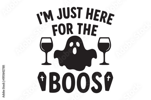 Halloween design featuring a ghost wine glasses and playful text