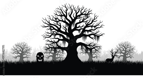 A stark black and white landscape featuring bare trees a ghostly face and deer presented as a silhouette high quality professional