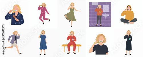 Simple Flat Style Woman Brushing Teeth in Various Poses Illustration Set
