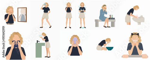 Flat Illustration Series of Woman Performing a Daily Skincare Hygiene Routine