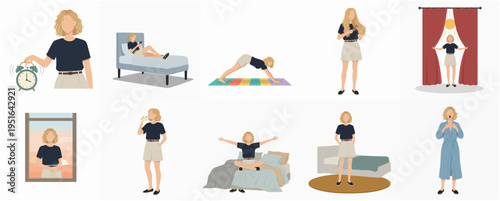 Minimalist Lifestyle Woman Daily Routine Flat Illustration Set in Different Actions
