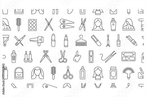 Seamless beauty salon pattern with hair styling tools and cosmetics icons for spa design