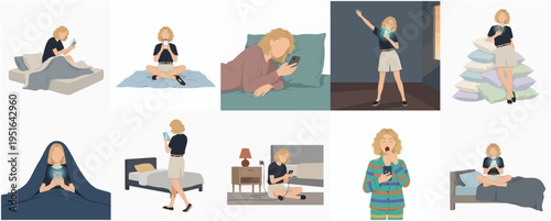 Minimalist Lifestyle Woman Using Smartphone in Different Situations Illustration Set