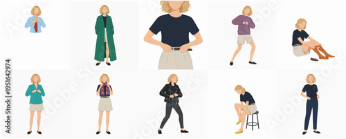 Flat Style Diverse Woman Various Poses and Outfit Illustration Collection
