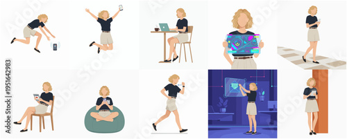 Minimalist Style Diverse Young Woman Doing Various Activities Illustration Set