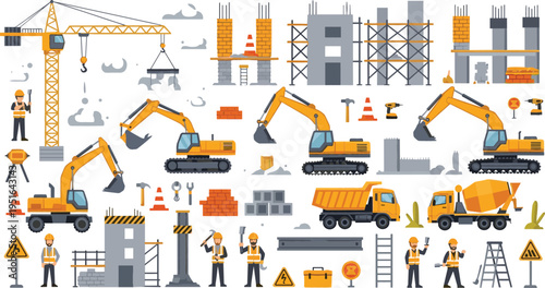 Construction site vector illustration set with excavators, cranes, workers and building materials, industrial machinery and engineering tools collection design