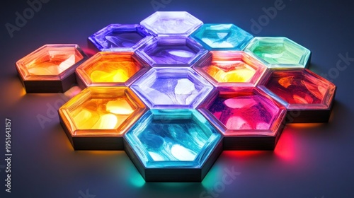 Abstract hexagonal pattern illuminated with vibrant colors.  Layered, glowing hexagons in a variety of hues create a captivating visual effect