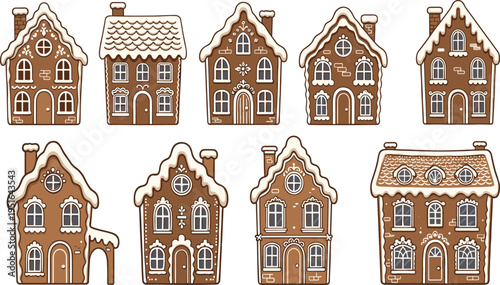 Collection of ten decorative gingerbread houses with white icing trim and windows