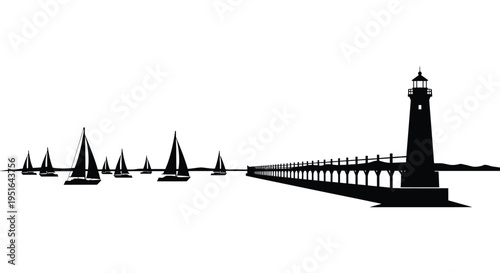 A striking black silhouette of a lighthouse pier and several sailboats on calm waters creating a peaceful scene silhouette high quality