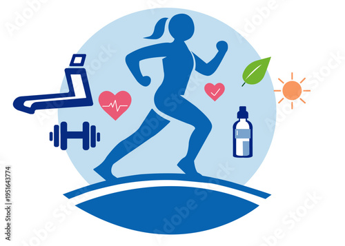 Healthy lifestyle vector illustration with running woman, fitness equipment, heart icons, hydration bottle and eco elements, concept of wellness, sport, activity and balanced living
